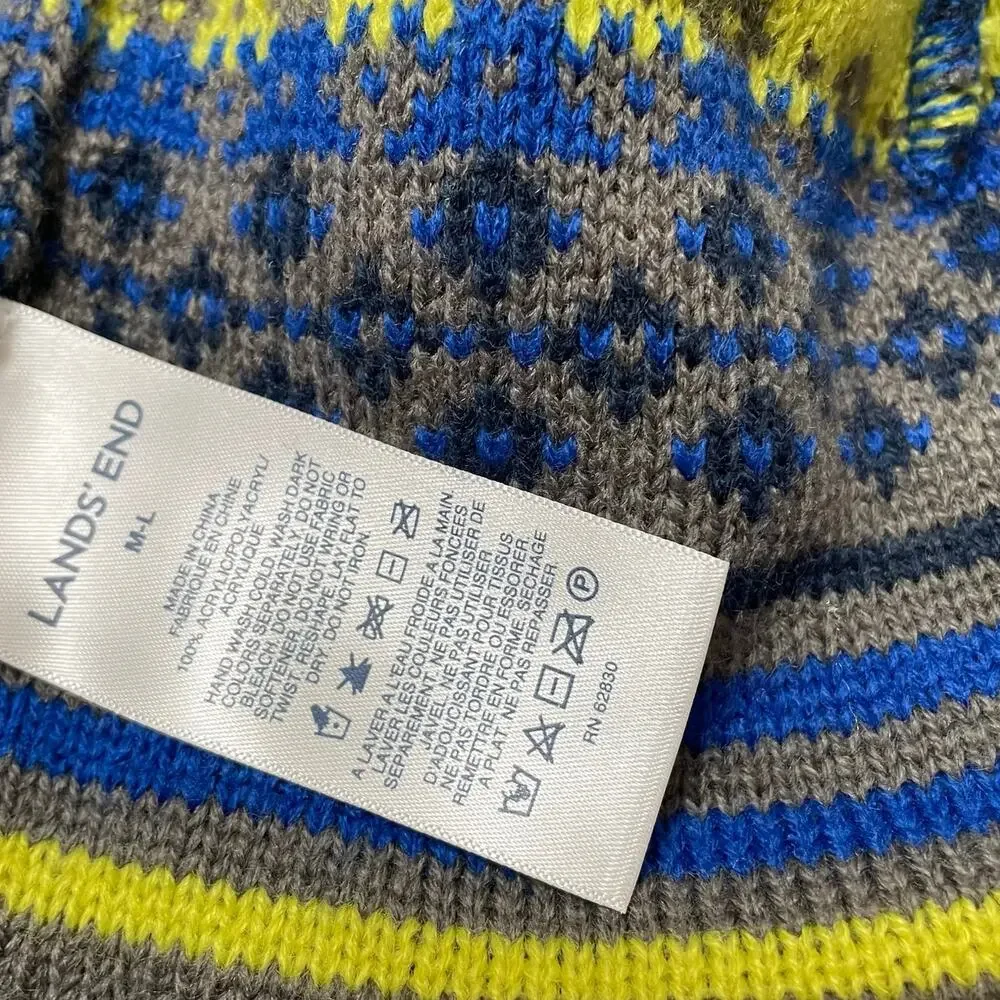 Lands End Kids Beanie Hat Medium Large Striped Blue Gray Knit Winter Cap Skull